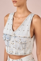 Colete My Place cropped jeans bordado 