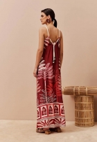 Vestido CaCay longo decote alto com corda estampa vinho