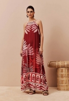 Vestido CaCay longo decote alto com corda estampa vinho
