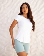 F330-BLUSA MANGA CURTA ESTILO CAMISETA (SOLTINHA), COM DECOTE EM V NAS COSTAS E DETALHE EM PONTO TRA